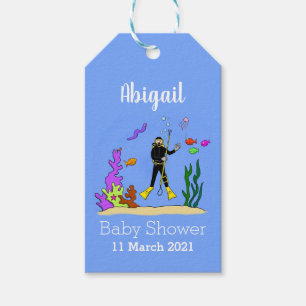 Etiqueta Para Presente Mergulhador engraçado e criaturas de peixes, dese
