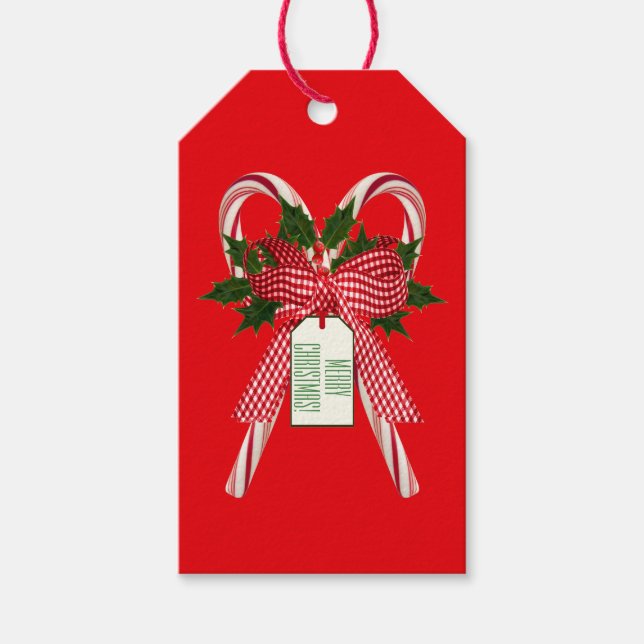 Etiqueta Para Presente Merry Christmas Candy Canes Holly Holiday Name (Frente)