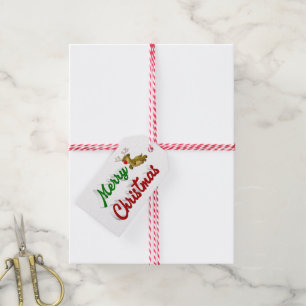 Etiqueta Para Presente Merry Christmas Flying Reindeer red green script