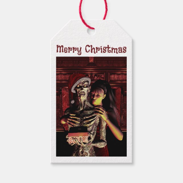 Etiqueta Para Presente Merry Christmas. Funny skeleton with woman (Frente)