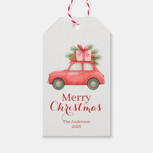 Etiqueta Para Presente Merry Christmas Red Car – Personalized Holiday  (Frente)