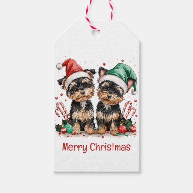 Etiqueta Para Presente Merry Christmas Yorkshire Terrier Dogs (Frente)