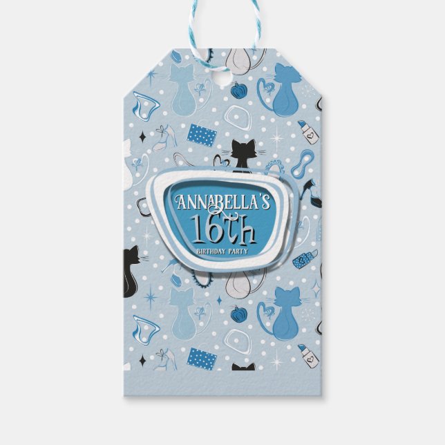 Etiqueta Para Presente Mid Century Blue Heart Cats Birthday (Frente)