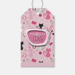 Etiqueta Para Presente Mid Century Pink Heart Cats Birthday