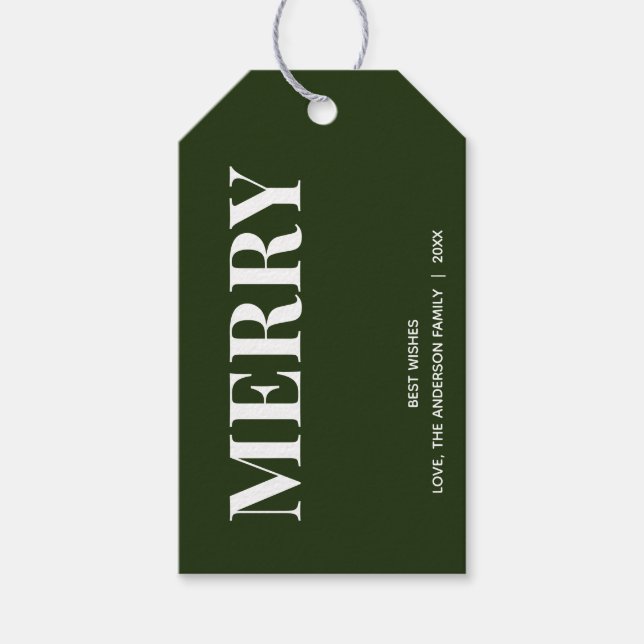 Etiqueta Para Presente Minimal MERRY | Verde Floresta de Férias (Frente)