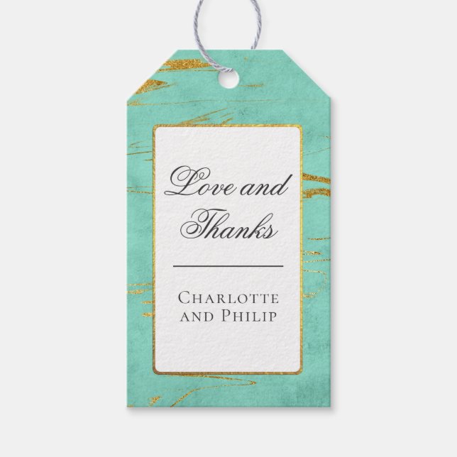 Etiqueta Para Presente Mint e Dourado Padrão Marble Obrigado (Frente)