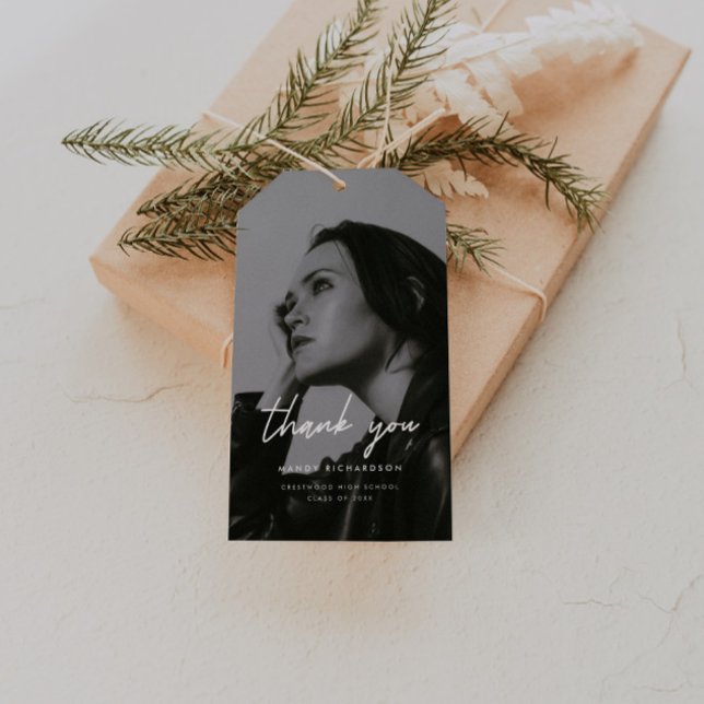 Etiqueta Para Presente Modern Black White Photo Graduation Thank You (Criador carregado)