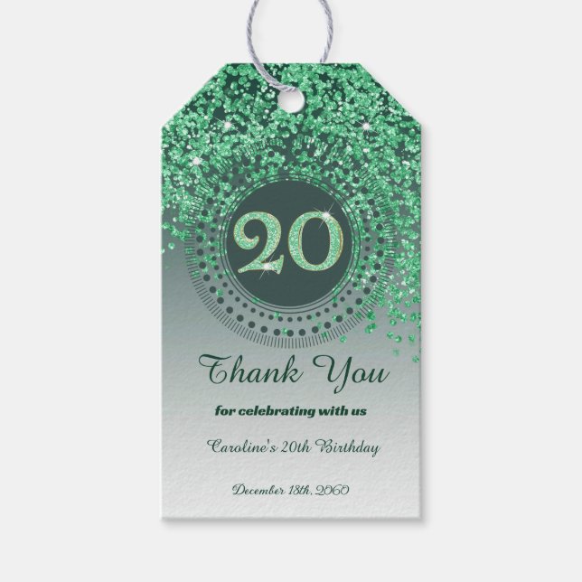 Etiqueta Para Presente Modern Falling Green Glitter 20th Birthday (Frente)