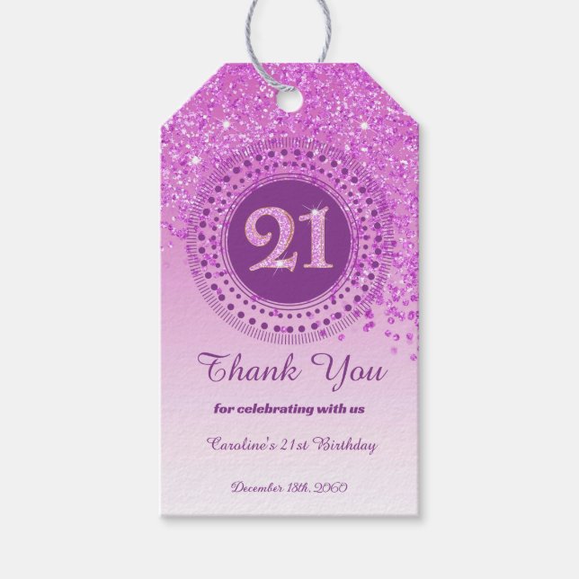Etiqueta Para Presente Modern Falling Pink Glitter 21st Birthday (Frente)