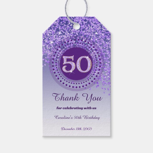 Etiqueta Para Presente Modern Falling Purple Glitter 50th Birthday (Frente)