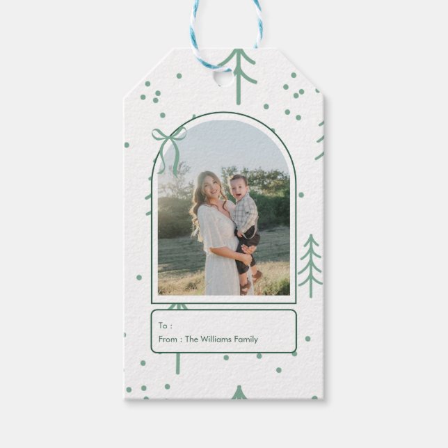 Etiqueta Para Presente Modern Green Tree Family Photo Holiday (Frente)