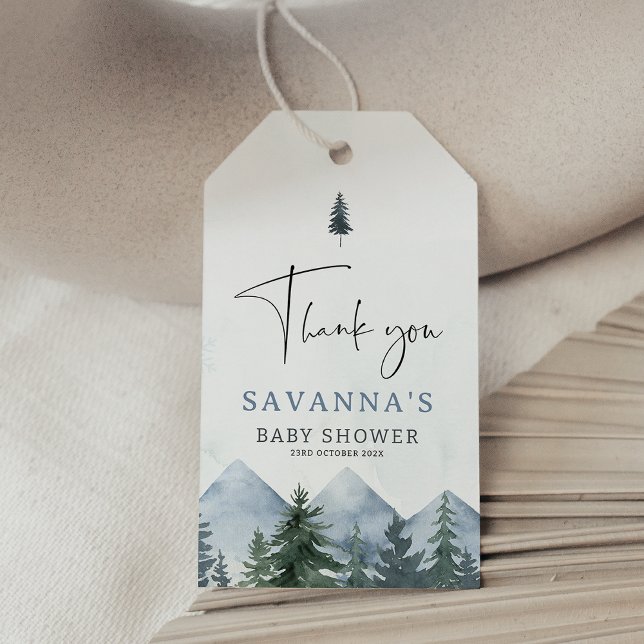 Etiqueta Para Presente Modern Grey Wilderness Winter Baby Shower  (Mountains Baby Shower Tag, Pine Trees Baby Shower Gift Tags, Winter Mountains Gift Tags, Winter Tags)