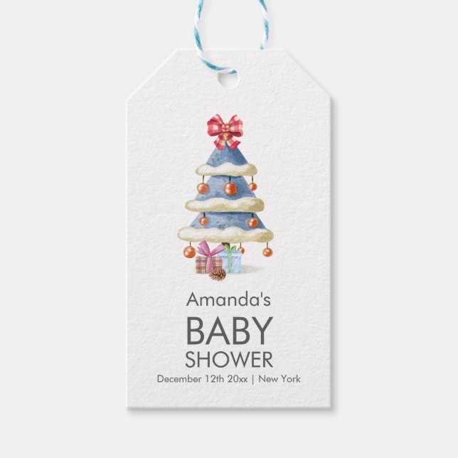 Etiqueta Para Presente Modern Winter Bow Christmas Tree Baby Shower  (Frente)