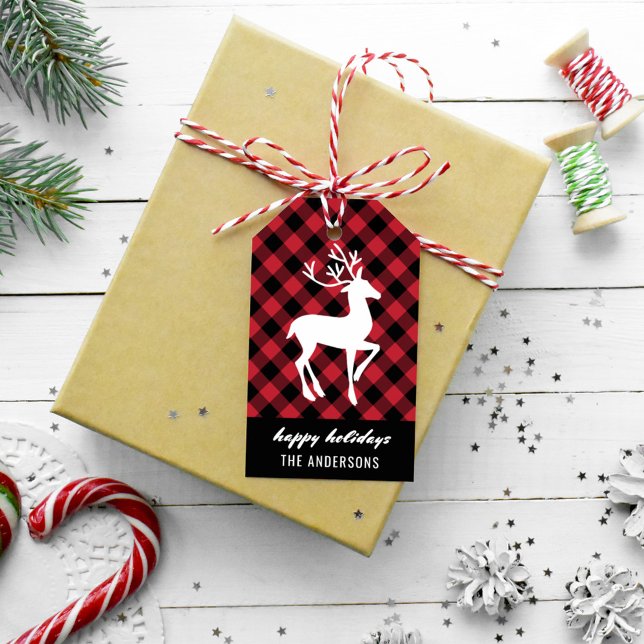 Etiqueta Para Presente Moderno Feliz Feriados Reindeer Xadrez de Buffalo  (Criador carregado)