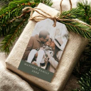 Etiqueta Para Presente Moderno Minimalista Verde Família Foto Natal