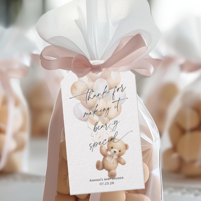 Etiqueta Para Presente Moderno Podemos Esperar Chá Neutro De Gênero (Beige We Can Bearly Wait, Teddy Bear Gender Neutral baby Shower Favor Tags.)