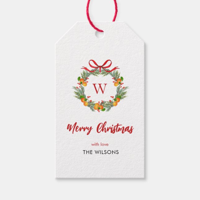 Etiqueta Para Presente Monograma Citrus Wreath Natal Holiday (Frente)