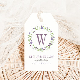 Etiqueta Para Presente Monograma de Casamento Floral Verde Roxo Rústico