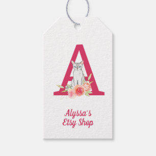 Etiqueta Para Presente Monograma de Gato e Buquê Floral Cor-de-Rosa