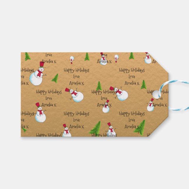 Etiqueta Para Presente Monograma Dourado Snowman (Frente (horizontal))