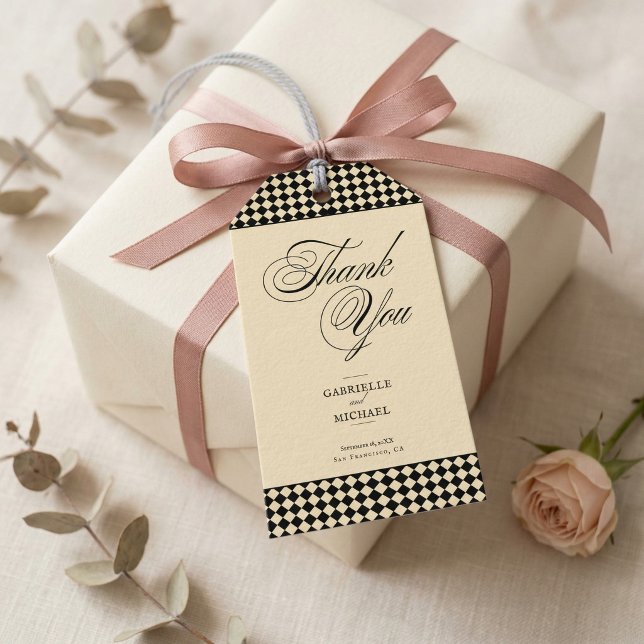 Etiqueta Para Presente Monograma Elegante Xadrez Preto Creme (Criador carregado)