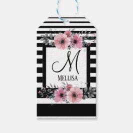 Etiqueta Para Presente Monograma Floral Cor-de-rosa com faixas brancas e 