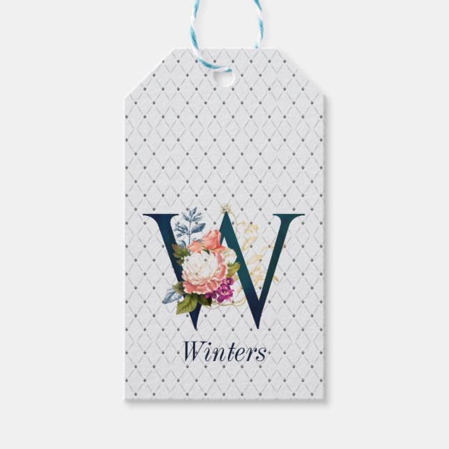 Etiqueta Para Presente Monograma Floral de marinho W (Frente)