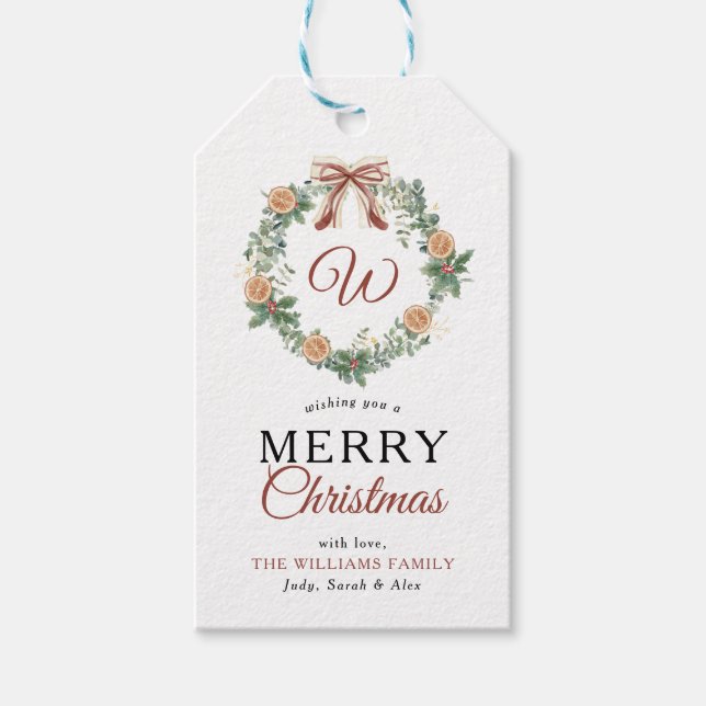 Etiqueta Para Presente Monograma Merry Christmas Orange Wreath Photo (Frente)