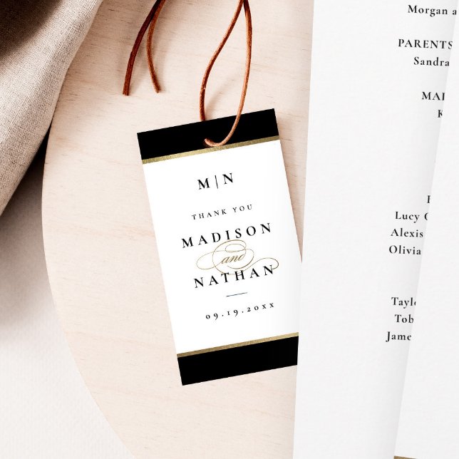 Etiqueta Para Presente Monograma negro e Dourado casamento elegante (Elegant black and gold wedding thank you favor tag.)