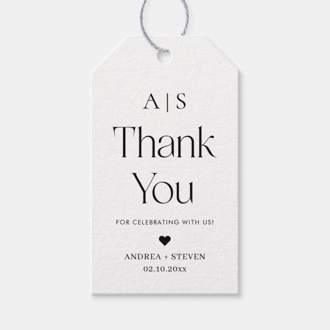 Etiqueta Para Presente Monograma Preto e Casamento Branco - Obrigado (Frente)
