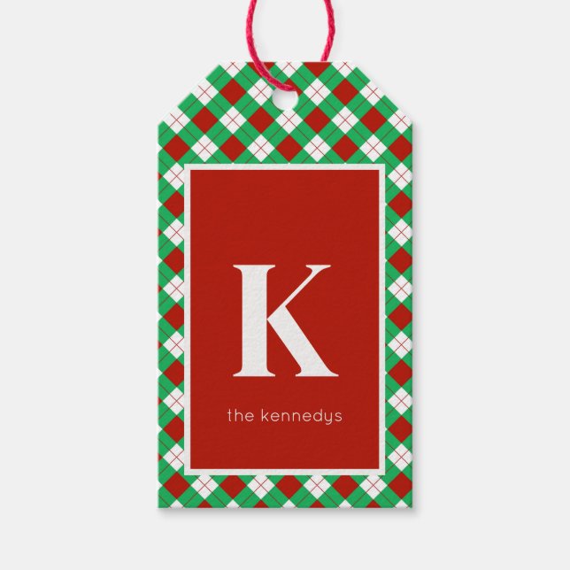 Etiqueta Para Presente Monograma Russo Vermelho Verde e Xadrez Branca (Frente)