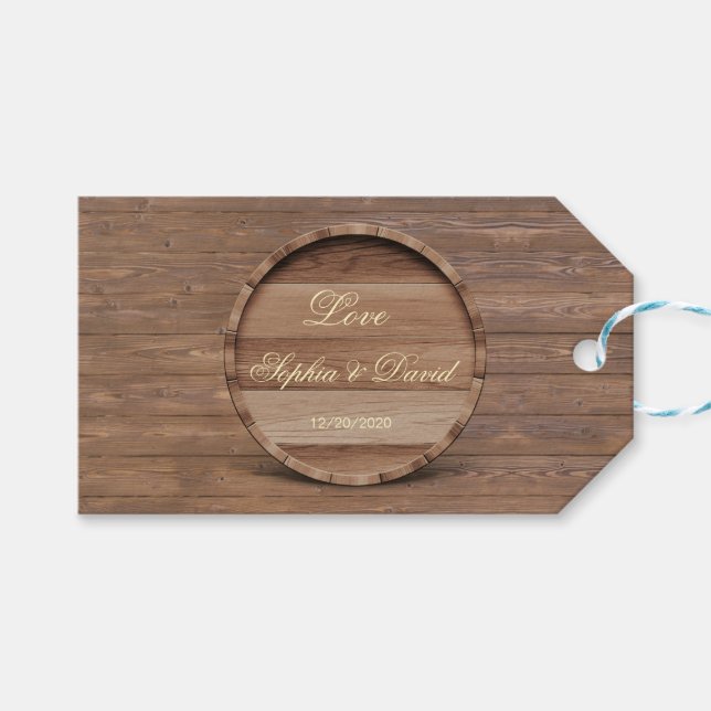 Etiqueta Para Presente Monograma Rustic Wooden Barrel Wedding (Frente (horizontal))