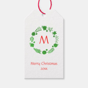 Etiqueta Para Presente Monograma Vermelho de Wreath de Natal Verde