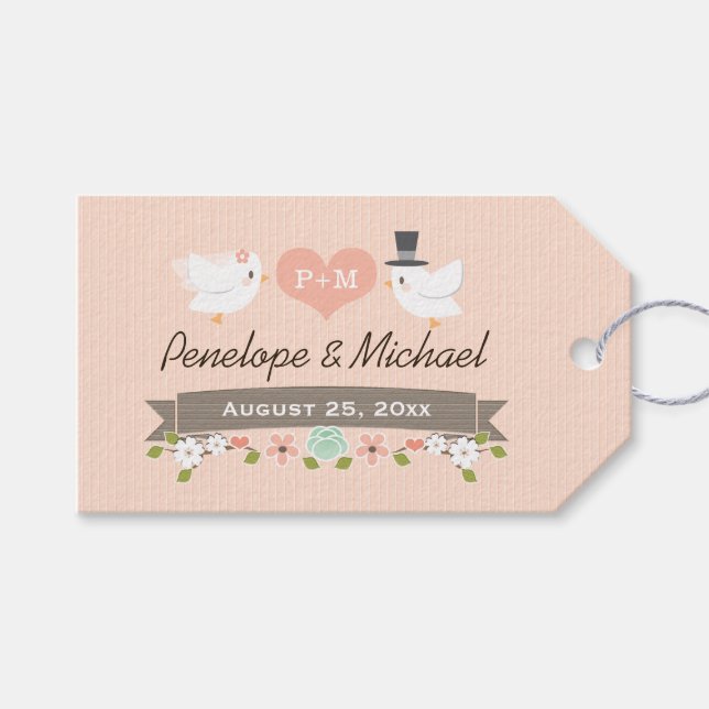 ETIQUETA PARA PRESENTE MONOGRAMMED LOVE BIRDS BLUSH DOVE OBRIGADO (Frente (horizontal))