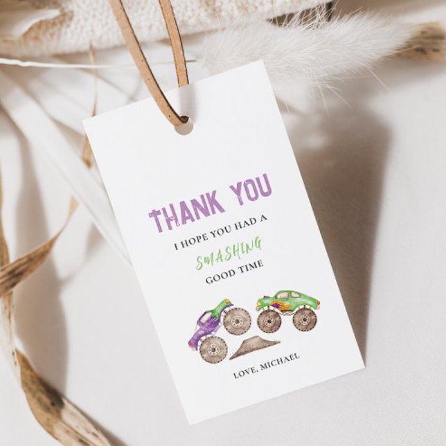 Etiqueta Para Presente Monstro Verde Roxo Caminhões Aniversários (Criador carregado)