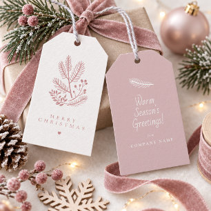 Etiqueta Para Presente Motivo de Folhagem de Inverno de Natal Rosa Poeira