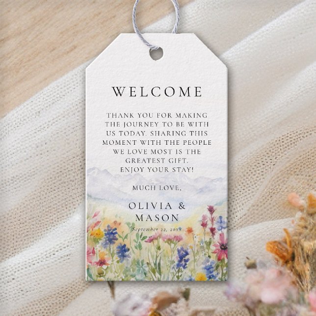 Etiqueta Para Presente Mountains Wildflowers Meadow Whimsical Wedding (mountains wedding gift tag wildflowers meadow floral watercolor modern elegant rustic romantic)