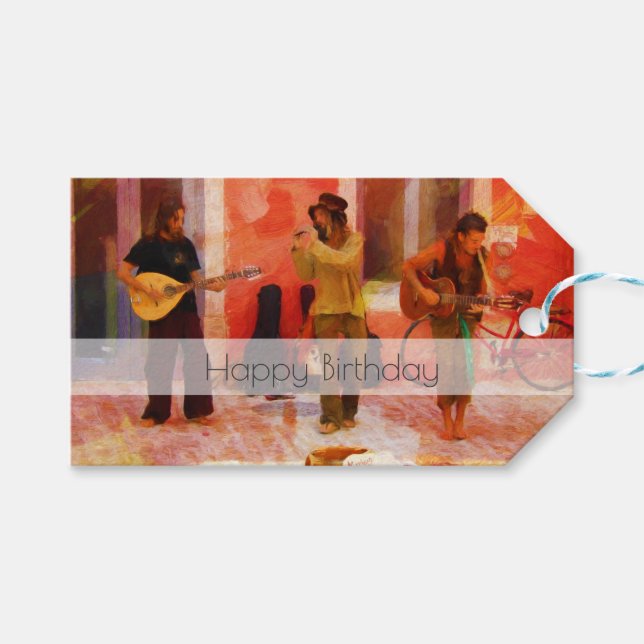 Etiqueta Para Presente Músicos de rua jogando juntos feliz aniversário (Frente (horizontal))