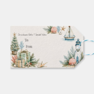 Etiqueta Para Presente Natal à Beira-Mar Aquarela Farol & Conchas
