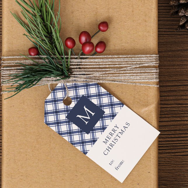 Etiqueta Para Presente Natal Azul Monograma (Monogrammed Blue Christmas Gift Tags
)
