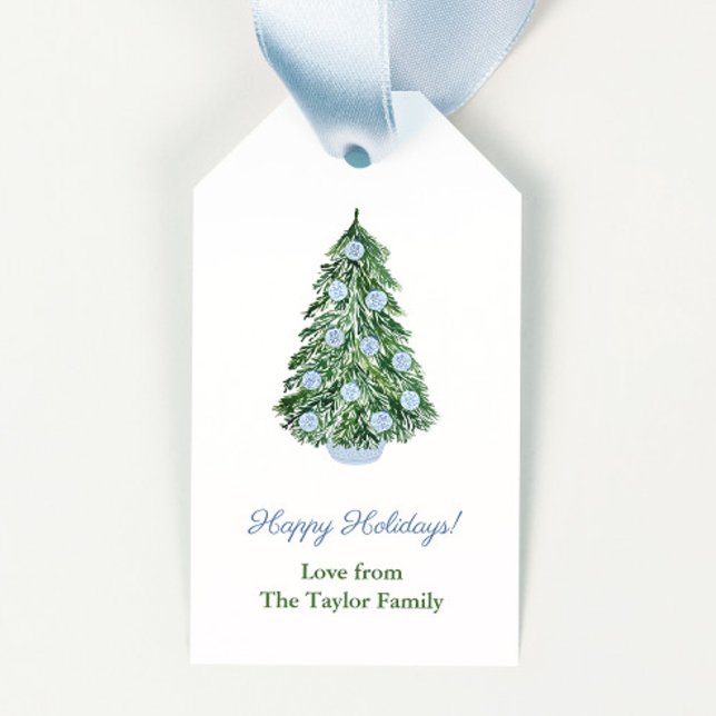 Etiqueta Para Presente Natal clássico Chinoiserie Feliz Feriados (simple and elegant christmas tree with blue and white chinoiserie ornaments merry christmas gift tag)