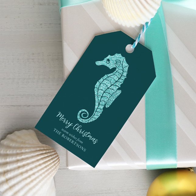 Etiqueta Para Presente Natal Costeiro Glitter Seacavalo Aqua Teal (Criador carregado)