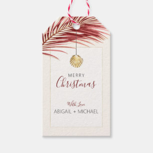 Etiqueta Para Presente Natal da Borgonha Tropical e da Árvore Dourada de
