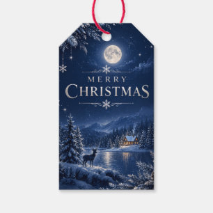 Etiqueta Para Presente Natal de Inverno Elegante, Meia-Noite Azul Florest