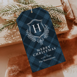 Etiqueta Para Presente Natal do Monograma da Xadrez Azul