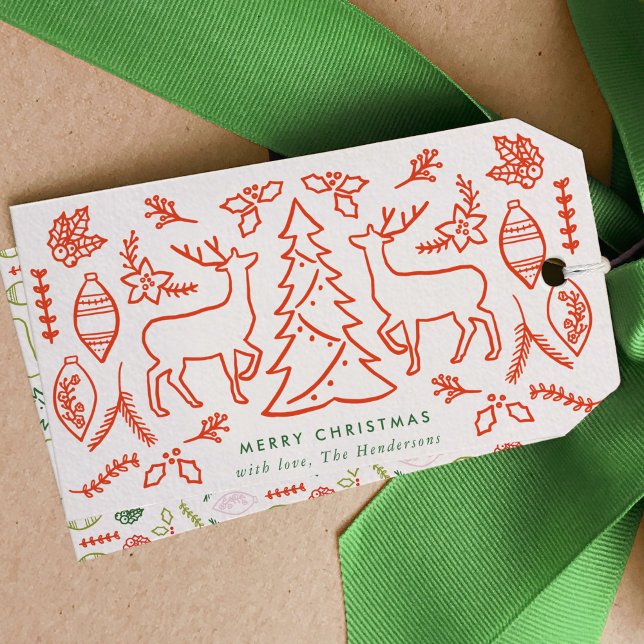 Etiqueta Para Presente Natal do padrão escandinavo vermelho (Red Scandinavian Pattern Christmas Gift Tags)