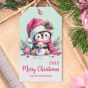 Etiqueta Para Presente Natal do Pinguim Verde e Rosa Divertido