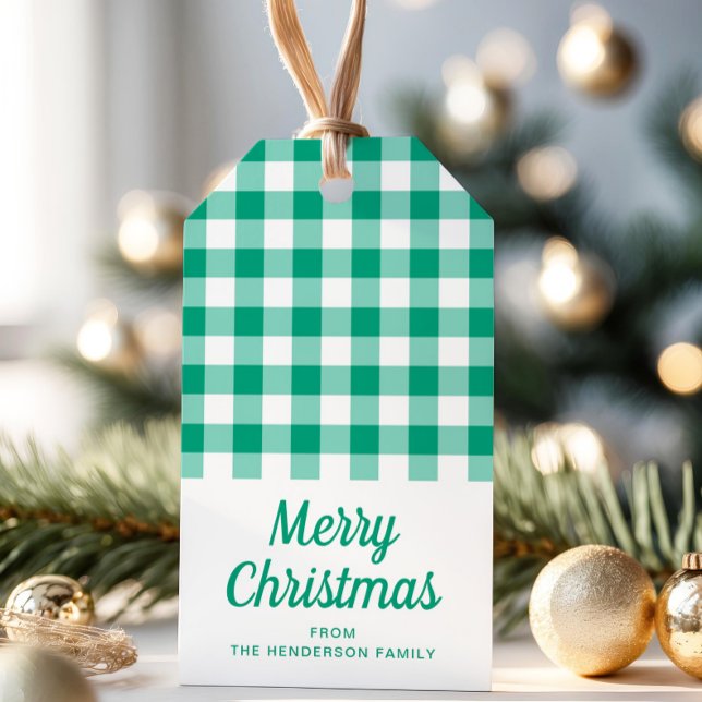 Etiqueta Para Presente Natal do Script Gingham com Verificação Verde (Green Checked Gingham Script Christmas Gift Tags)