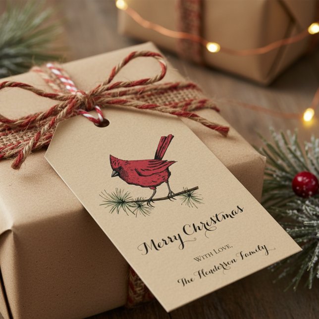 Etiqueta Para Presente Natal Dourado e elegante para as aves (Modern Single Red Cardinal Bird with Editable Merry Christmas and Family Name. Gold Xmas Gift Tags)