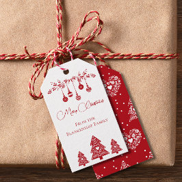 Etiqueta Para Presente Natal em Arte Popular Escandinava Vermelha e Branc